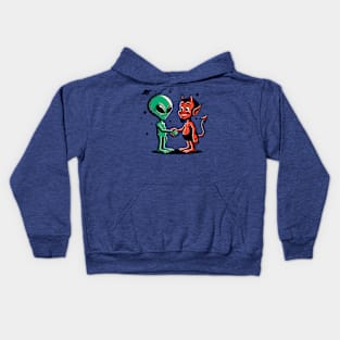 Alien and devil shaking hands Kids Hoodie